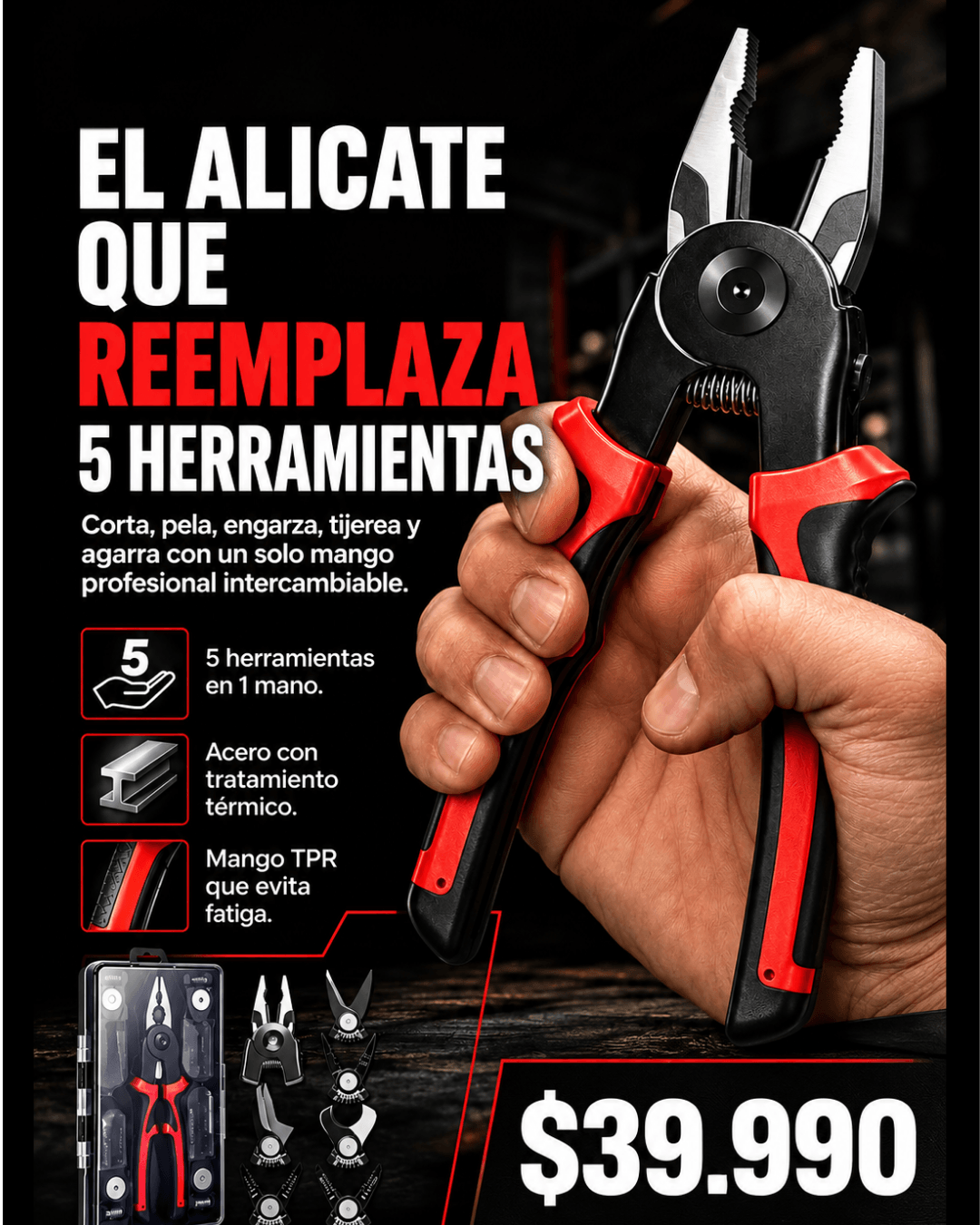 Alicate Multi Funcional 5 en 1. Cambia de cabezal en segundos con  Cambiax™ -