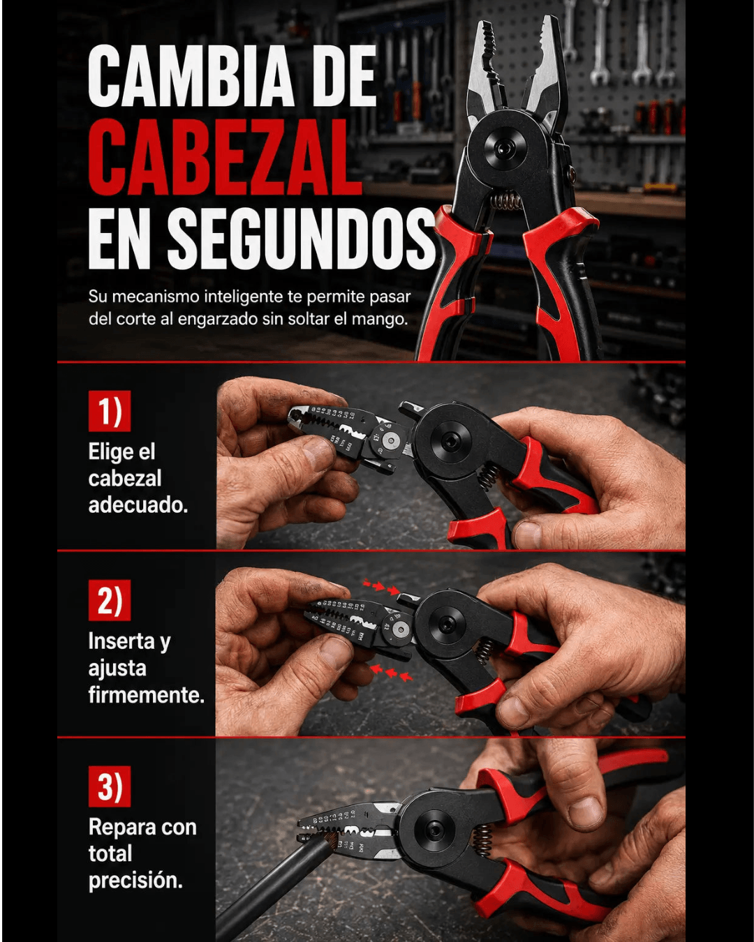 Alicate Multi Funcional 5 en 1. Cambia de cabezal en segundos con  Cambiax™ -